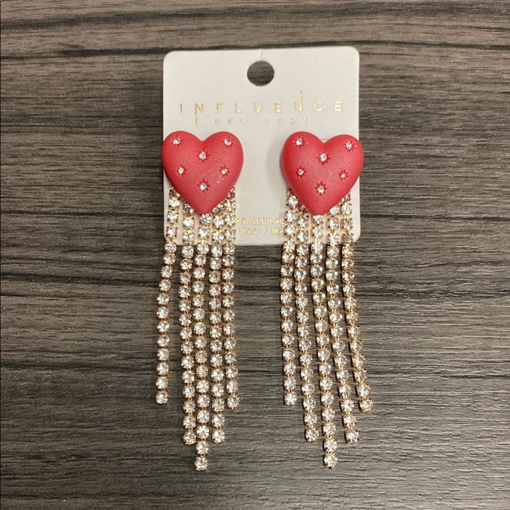Glamorous Red and Gold Heart Earrings with Cascading Chains